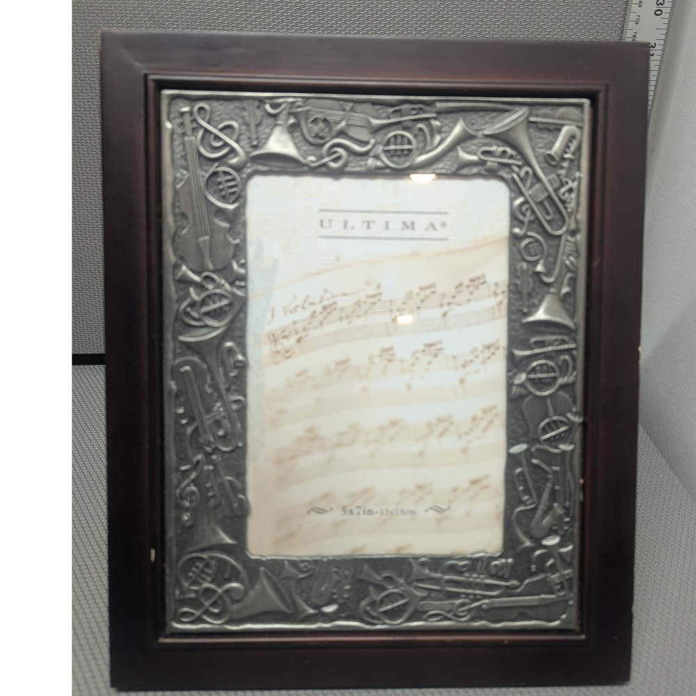 VTG Pewter Tone Metal & Wood Ultima Musical Instrument Relief Picture Frame 5x7